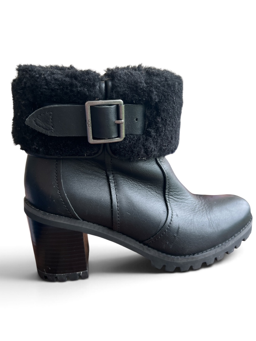 UGG Elisiana Black Waterproof Leather Shearling Heeled Ankle Boots Size 7.5